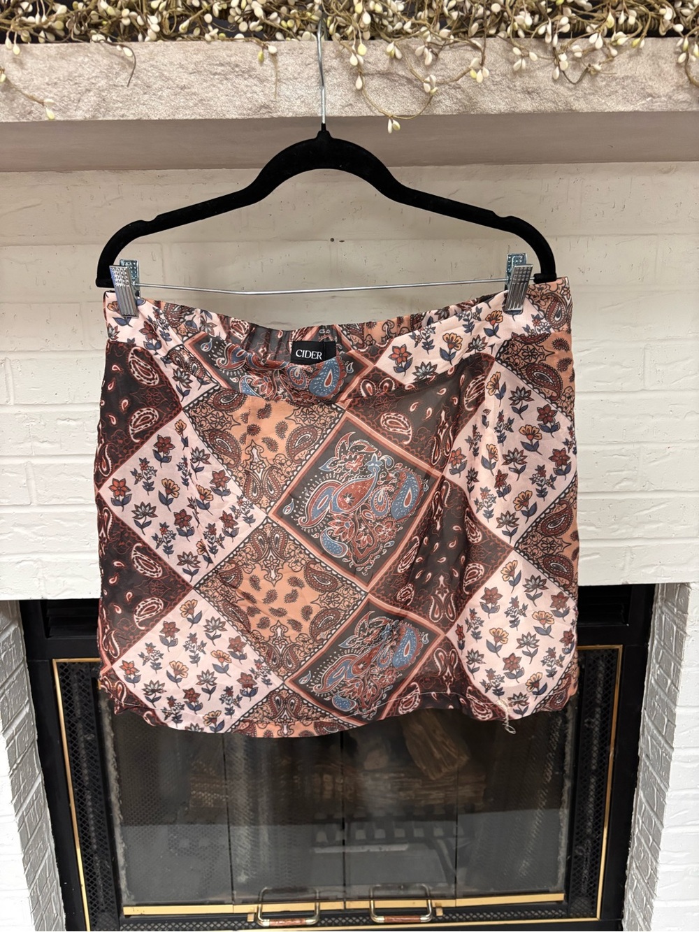 Cider Patchwork Paisley Mini Skirt in Peach, Brown & Blue